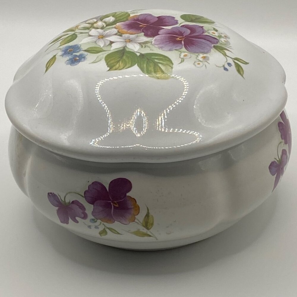 San Francisco Music Box Co Porcelain Trinket Box Pansy Floral Cats "Memory" 1990